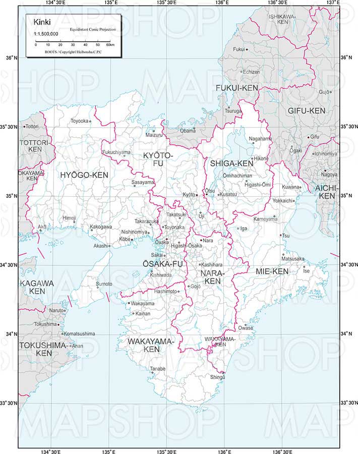 近畿地方 白地図 Roots Japan 欧文版 地図のご購入は 地図の専門店