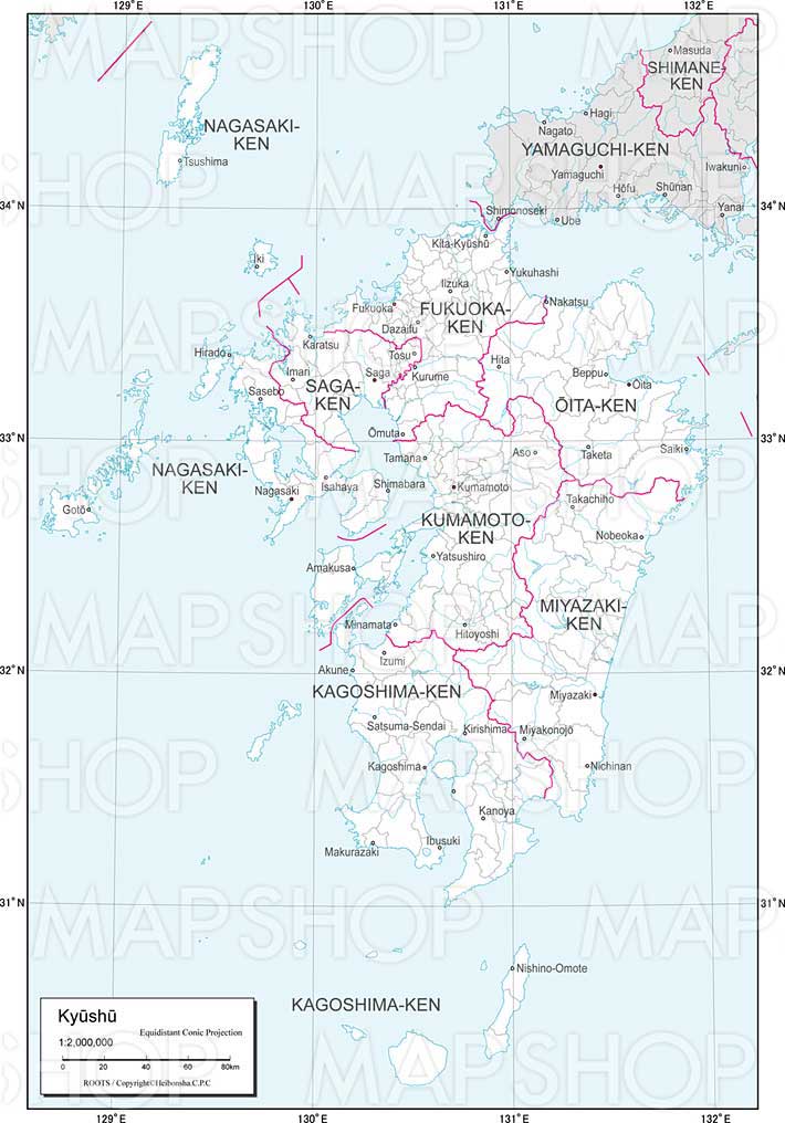 九州地方 白地図 Roots Japan 欧文版 地図のご購入は 地図の専門店