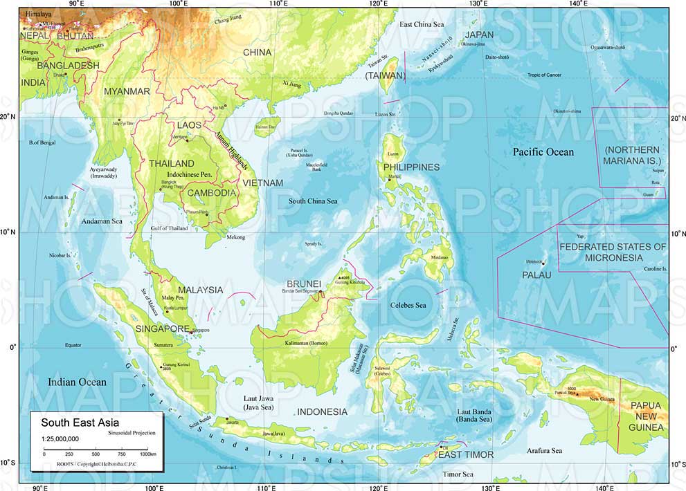 地域図 東南アジア 自然図 Roots World Pro 欧文版 地図のご購入は